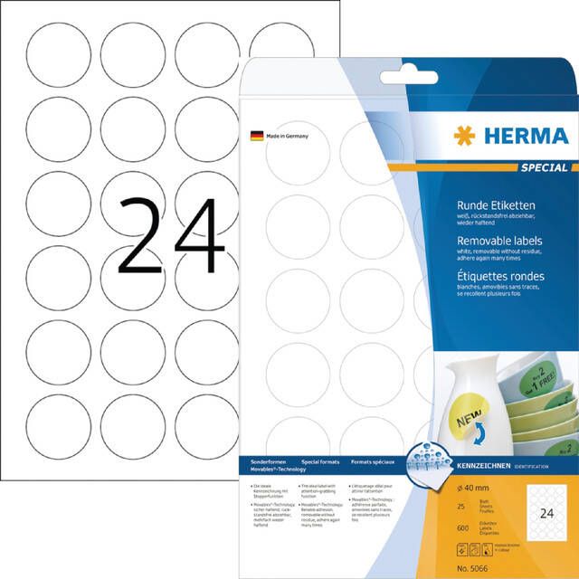HERMA Etiket 5066 rond 40mm verwijderbaar wit 600stuks