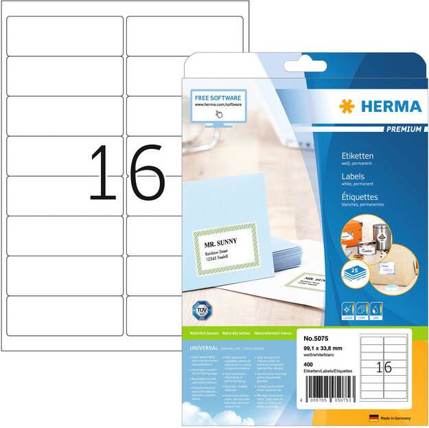Herma PREMIUM adresetiketten A4 99 1 x 33 8 mm wit permanent hechtend