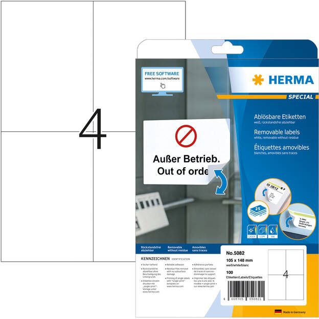 HERMA Etiket 5082 105x148mm A6 verwijderbaar wit 100stuks