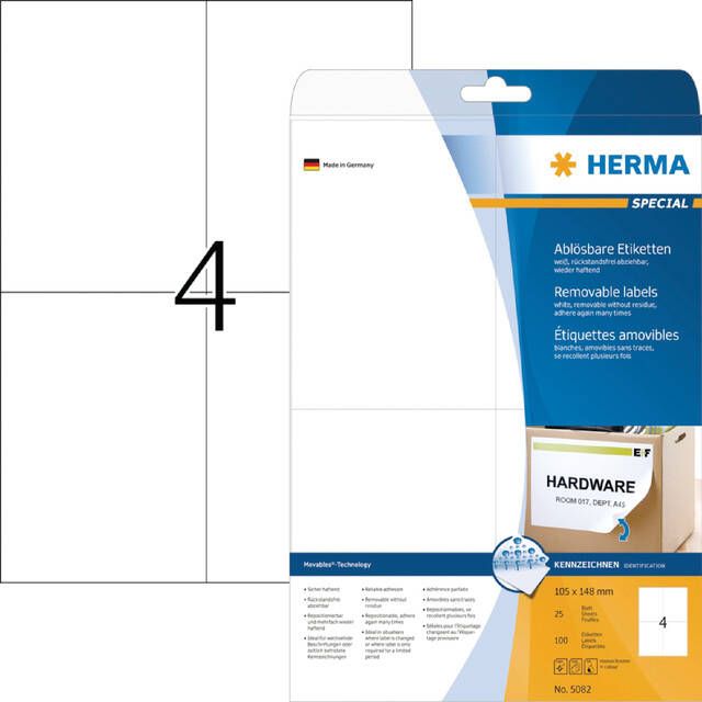 HERMA Etiket 5082 105x148mm A6 verwijderbaar wit 100stuks