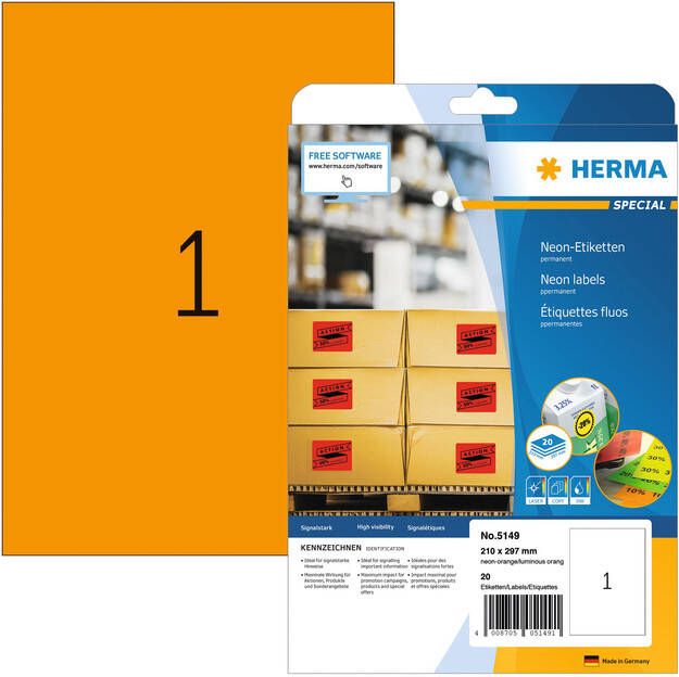 HERMA Etiket 5149 210x297mm A4 fluor oranje 20stuks