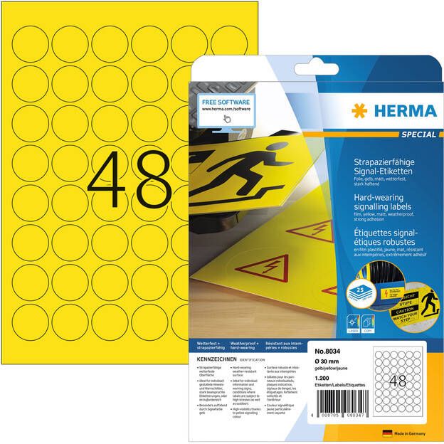 HERMA Etiket 8034 30mm rond weerbestendig geel 1200stuks