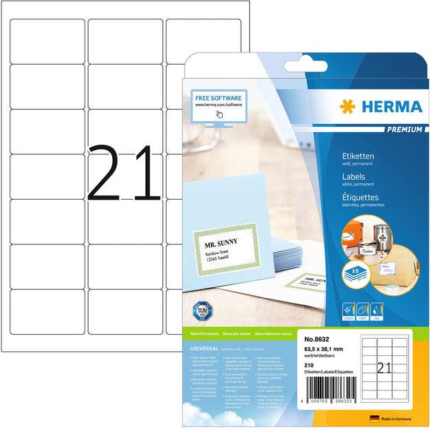 HERMA Etiket 8632 63.5x38.1mm premium wit 210stuks