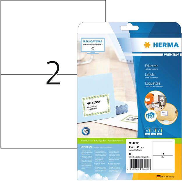 HERMA Etiket 8636 210x148mm A4 premium wit 20stuks