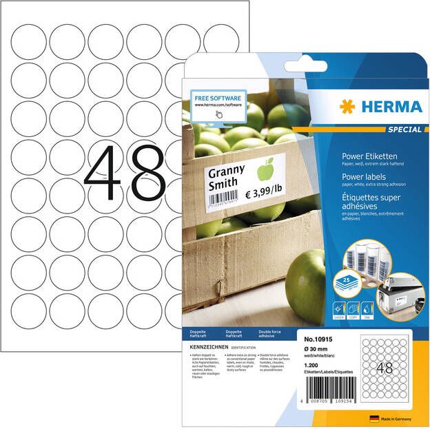 Herma 10915 Power-etiketten sterk hechtend A4 Ã 30 mm rond wit van papier