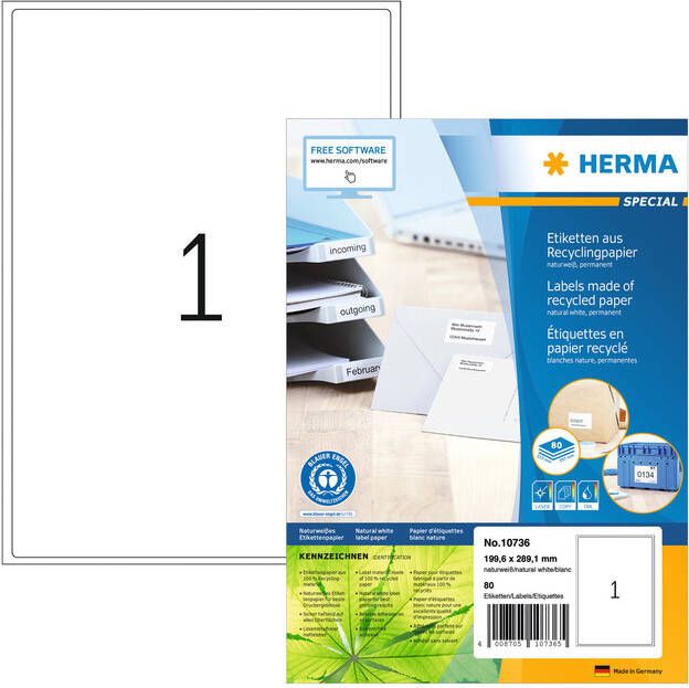 HERMA Etiket recycling 10736 199.6x289.1mm 80stuks wit