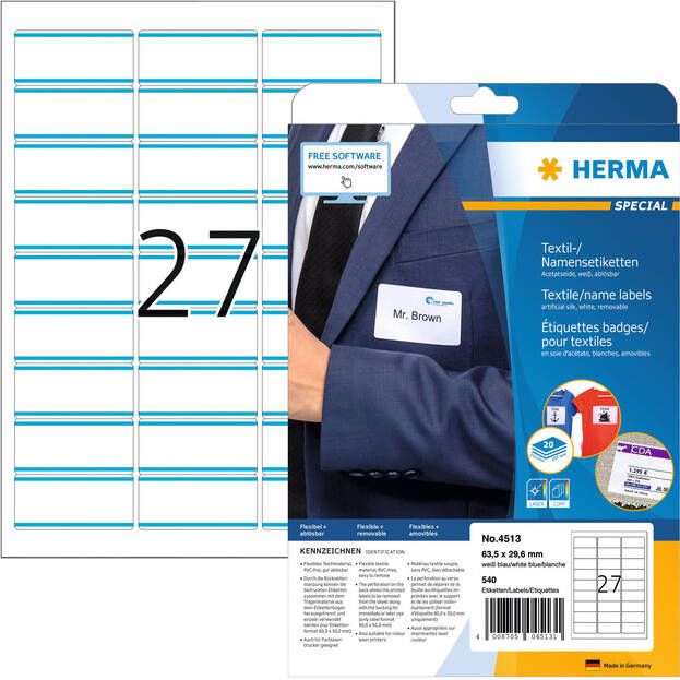 HERMA Naambadge etiket 4513 63.5x29.6mm wit blauw