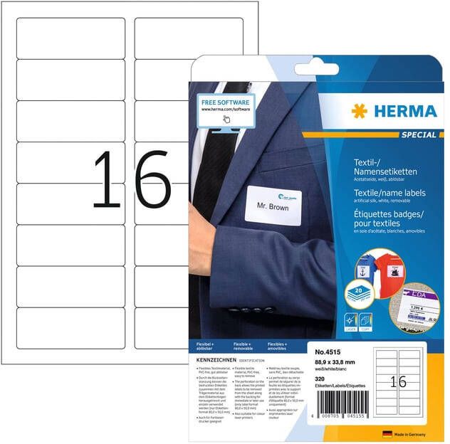 Naam textieletiketten Herma 4515 verwijderbaar A4 88 9 x 33 8 mm wit van acetaatzijde
