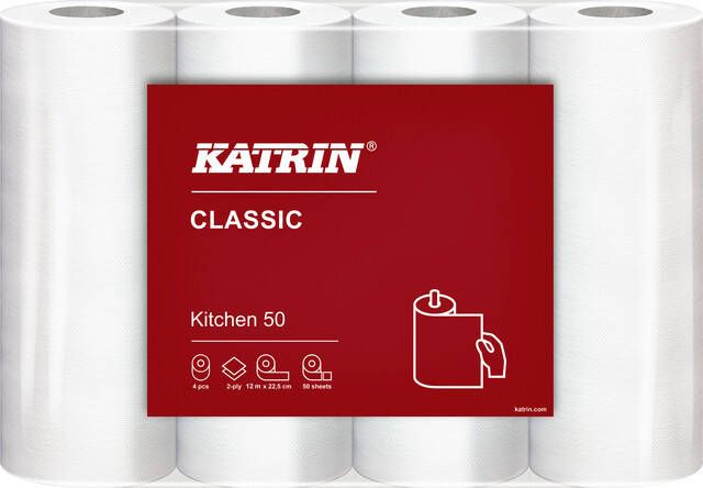 KATRIN Plus keukenpapier 2-laags 50 vel per rol pak van 4 rollen