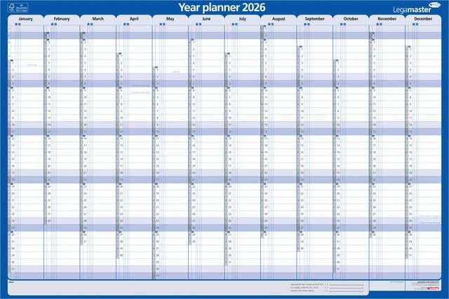 Legamaster Jaarplanner 2026 1 persoon 90x60cm horizontaal gelamineerd Engelstalig