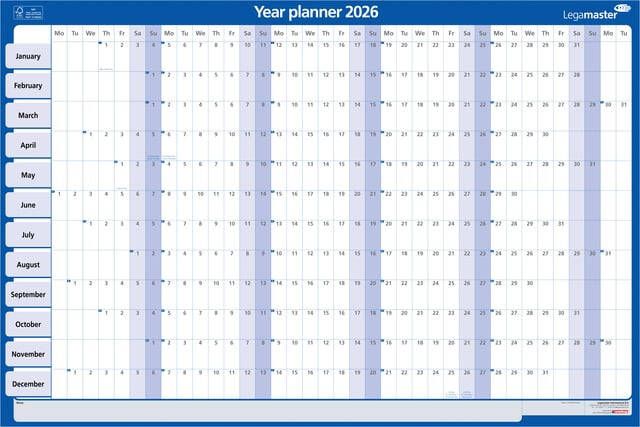 Legamaster Jaarplanner 2026 90x60cm horizontaal gelamineerd en oprolbaar Engelstalig