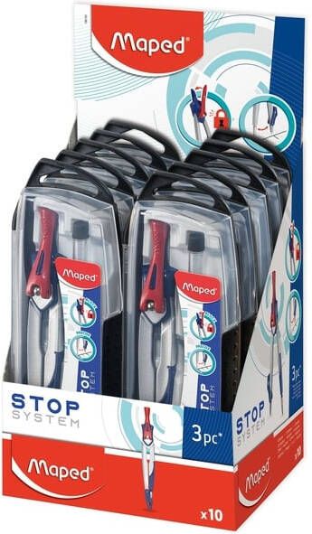 Maped passer Stop System 3delige passerdoos met 1 passer Stop System 1 universeel inzetstuk 1 kokertje