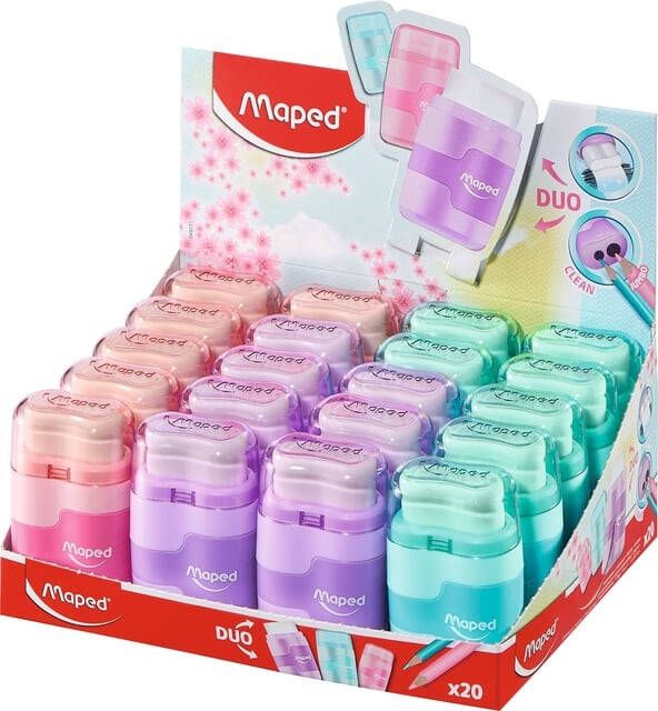 Maped Puntenslijper Connect 2gaats met gum displayá 20 stuks pastel assorti