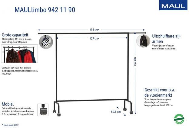 Maul kledingrek Limbo metaal 4 geremde wielen hg156xbr151(220)x50cm tot 30kg zwart RAL9004