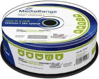 MediaRange DVD-R 4.7GB I 120min 16x speed inkjet fullsurface printable 25-Pack