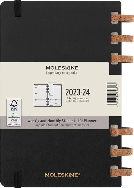 Moleskine Agenda 2023 2024 12M Academic Planner Weekly 7dag 2pagina's large 150x210mm hard cover ringen black