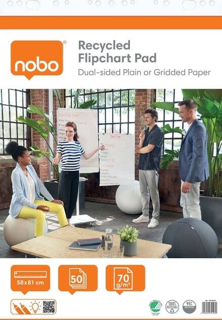 Nobo flipchartpapier gerecycleerd ft 58 x 81 cm blanco geruit rol van 50 vel