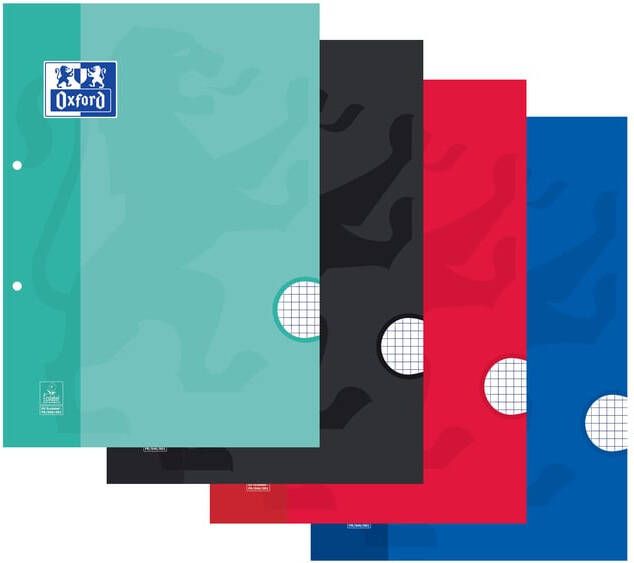 Oxford Cursusblok School A4 ruit 5x5mm 2-gaats 200 pagina's 80gr assorti