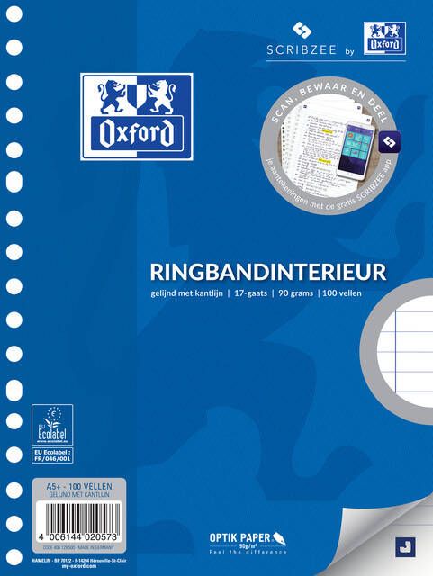 Opvulpapier OXFORD School ringbandinterieur A5 gelijnd met kantlijn 17 gaats 100 vel 90g