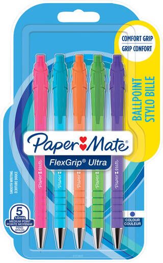 Paper Mate balpen Flexgrip Ultra RT Brights medium blauwe inkt blister van 5 stuks assorti