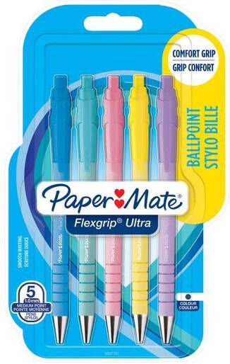 Paper Mate Balpen Flexgrip Ultra pastel medium schrijfkleur blauw blister Ã  5 stuks