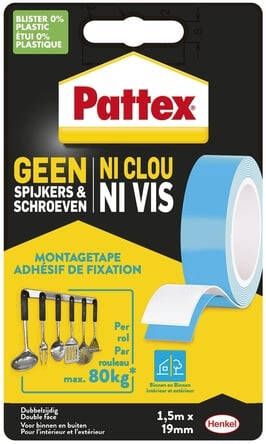 Pattex montagetape Geen Spijkers & Schroeven ft 1 5 m x 19 mm draagt tot 80 kg blisterverpakking