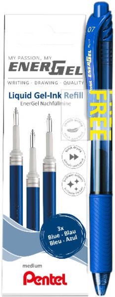 Pentel Gelschrijvervulling LR7 Energel met gratis gelpen medium blauw blister Ã  3 stuks