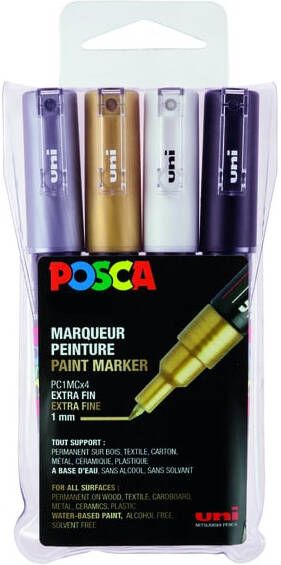 Posca Uni paintmarker PC-1MC 0 7 1 mm etui met 4 stuks in geassorteerde metallic kleuren