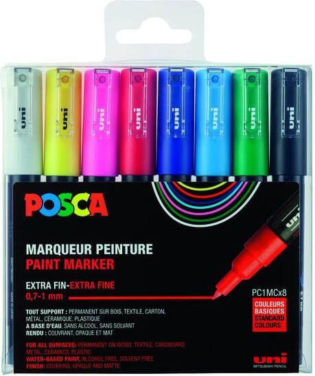 Posca Uni paintmarker PC-1MC 0 7 1 mm etui van 8 stuks in geassorteerde basiskleuren
