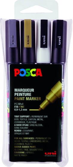 Posca Uni paintmarker PC-3M 1 5 mm etui van 4 stuks in wit zwart goud en zilver