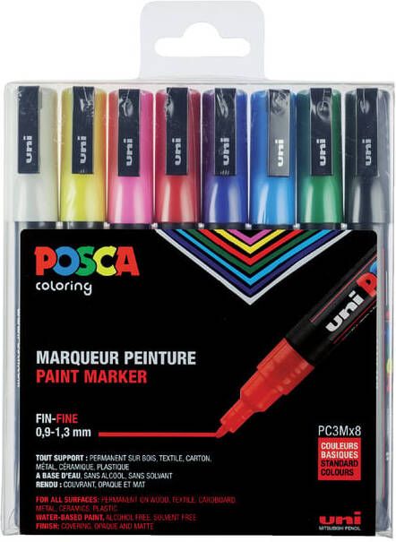 Posca Uni paintmarker PC-3M 1 5 mm Etui van 8 markers in geassorteerde basiskleuren