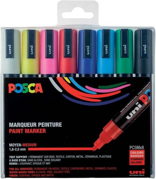 Posca Uni paintmarker PC-5M 1 8 2 5 mm etui van 8 markers in geassorteerde basiskleuren