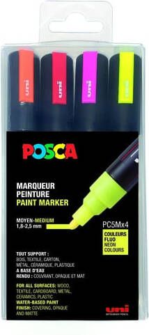 Posca Uni paintmarker PC-5M 1 8 2 5 mm etui van 4 stuks in geassorteerde fluo kleuren