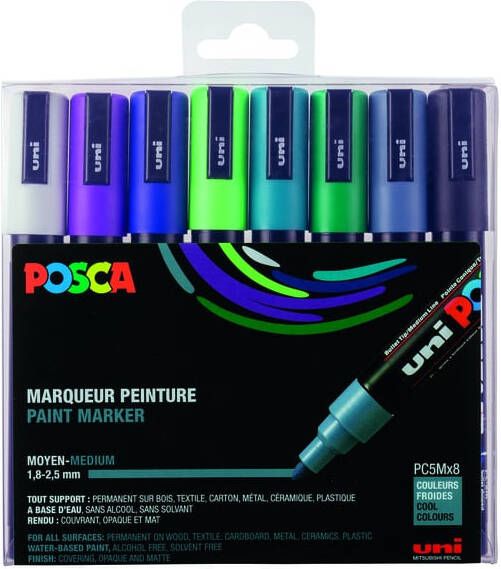 Posca Uni paintmarker PC-5M 1 8 2 5 mm etui van 8 markers in geassorteerde koude kleuren
