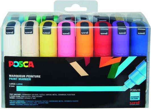 Posca Uni paintmarker PC-8K 8 mm etui met 16 stuks in geassorteerde kleuren