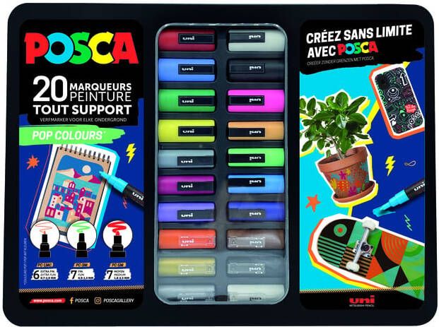 Posca paintmarkers metalen doos van 20 stuks assorti ontwerp Pop Colours