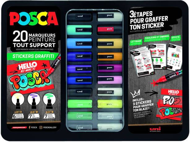Posca paintmarkers metalen doos van 20 stuks assorti ontwerp Stickers Graffiti