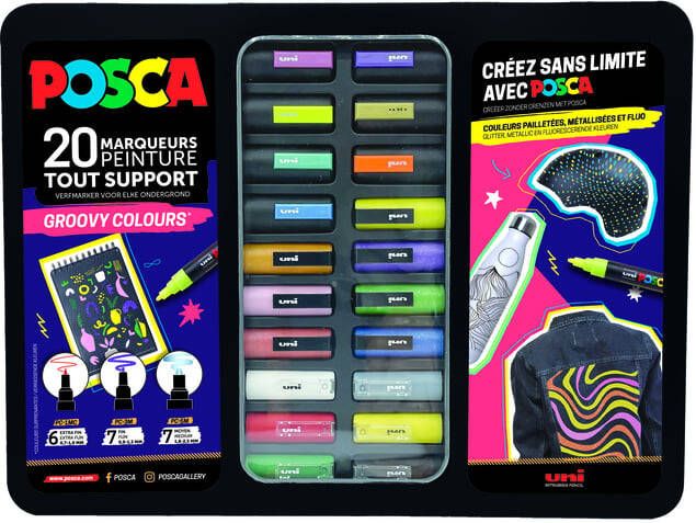 Posca paintmarkers metalen doos van 20 stuks assorti ontwerp Groovy Colours