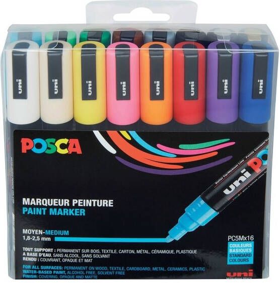 Posca paintmarker PC-5M etui met 16 stuks in geassorteerde kleuren