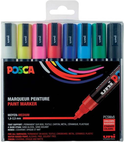 Posca paintmarker PC-5M set van 8 markers in geassorteerde basiskleuren