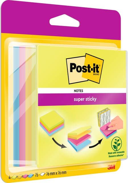 Post-it Post it Super Sticky Multicolor Notes Rio ft 76 x 76 mm 75 blaadjes blister van 4 blokken