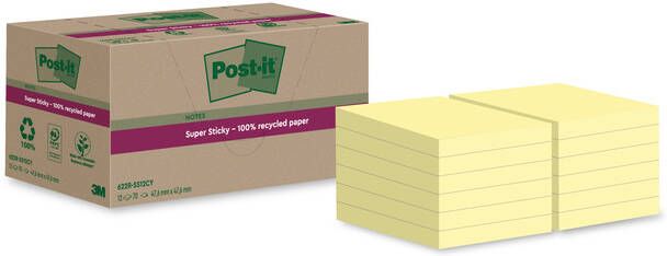 Post-It Super Sticky Notes Recycled 70 vel ft 47 6 x 47 6 mm geel pak van 12 blokken