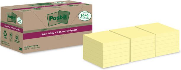 Post-It Super Sticky Notes Recycled 70 vel ft 76 x 76 mm geel 14 + 4 GRATIS