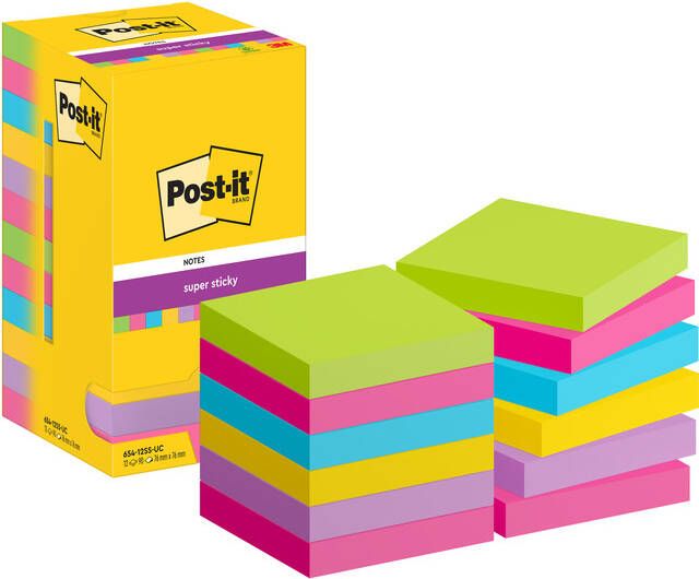 Post-It Super Sticky Notes 90 vel ft 76 x 76 mm assorti pak van 12 blokken