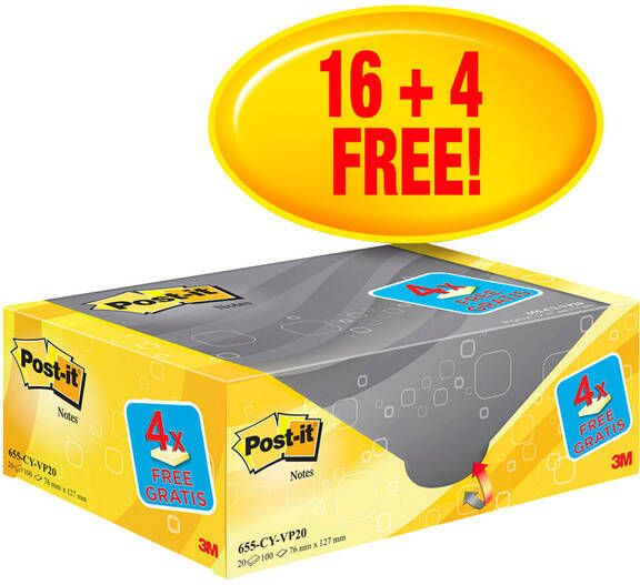 Post-It Notes 100 vel ft 76 x 127 mm geel pak van 16 blokken + 4 gratis