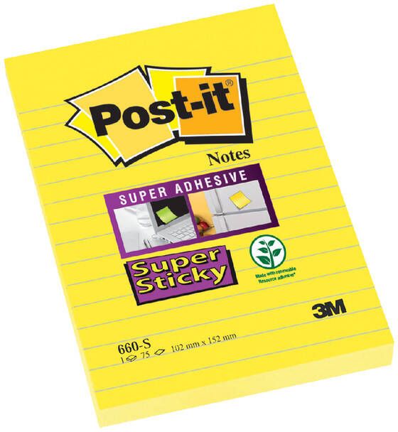 3M Post-it Memoblok 3M Post it 660 S Super Sticky 102x152 geel met lijn