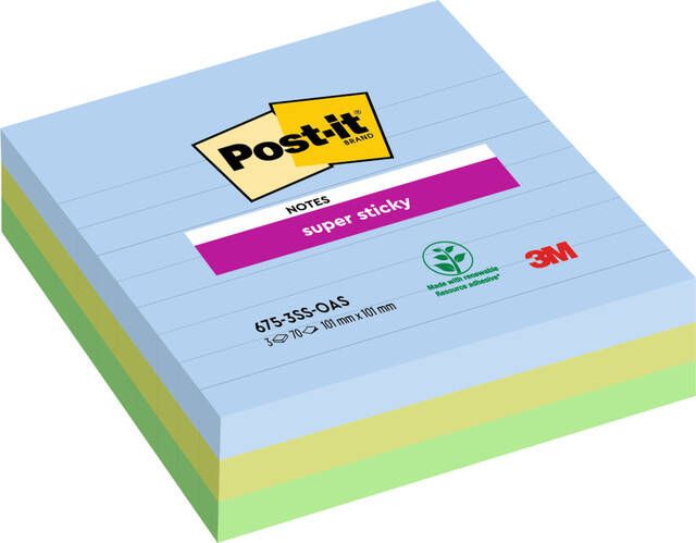 Post-It Super Sticky notes XL Oasis 70 vel ft 101 x 101 mm gelijnd assorti pak van 3 blokken