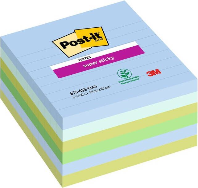 Post-It Super Sticky notes XL Oasis 90 vel ft 101 x 101 mm gelijnd geassorteerde kleuren pak van 6 b