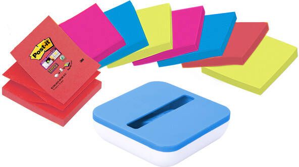 Post-it Super Sticky Z-notes dispenser met 8 blokken 76 x 76 mm geassorteerde kleuren