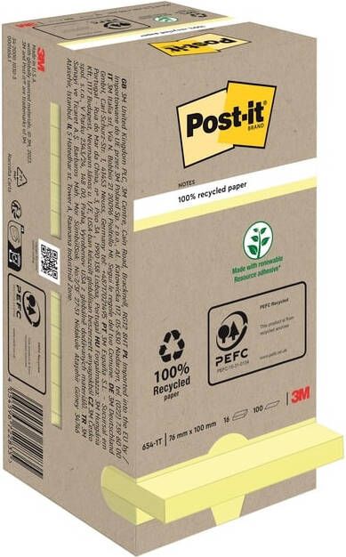 3M Post-it Memoblok 3M Post it 654 1T 76x76mm 16 stuks recycled geel